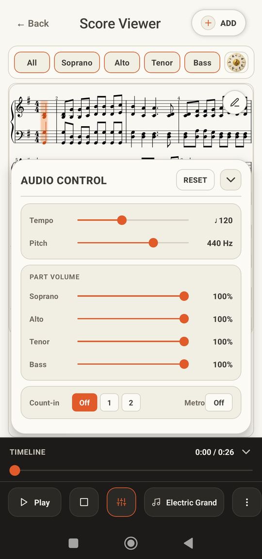 Audio control panel with a volume slider for each voice