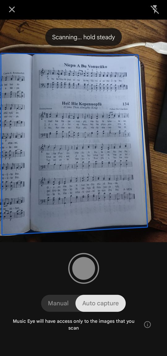 Scanning a hymn book page with the camera